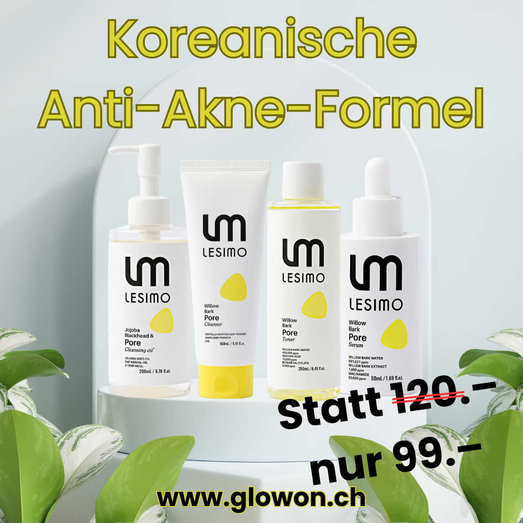 Lesimo skincare products with promotional text on a white background