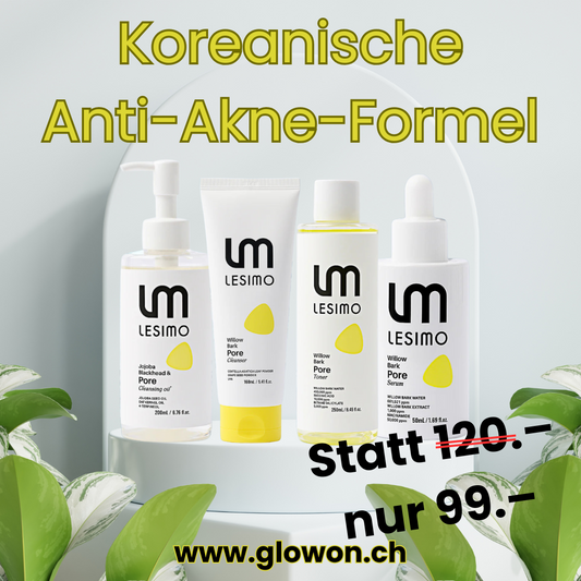 Lesimo skincare products with promotional text on a white background